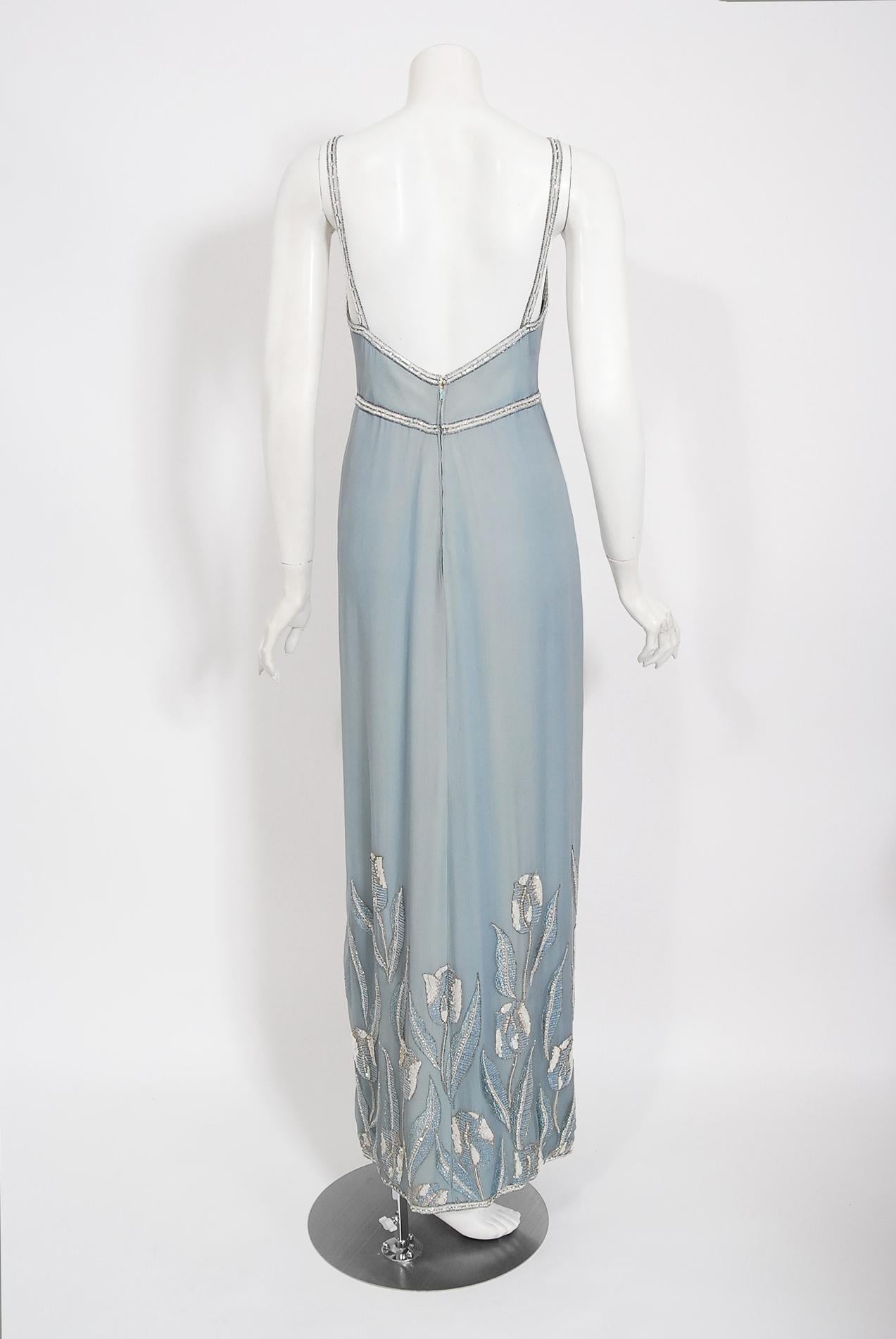 Vintage 1981 Chanel Haute Couture Light Blue Floral Beaded Chiffon Gown & Cape  8