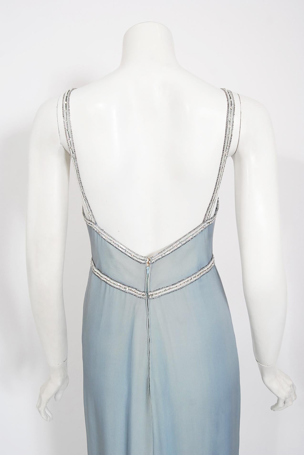 Vintage 1981 Chanel Haute Couture Light Blue Floral Beaded Chiffon Gown & Cape  9