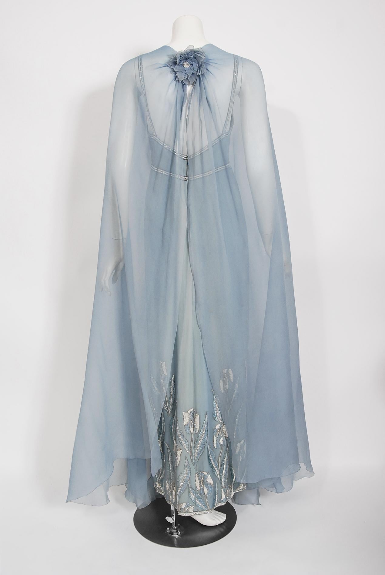 Vintage 1981 Chanel Haute Couture Light Blue Floral Beaded Chiffon Gown & Cape  10