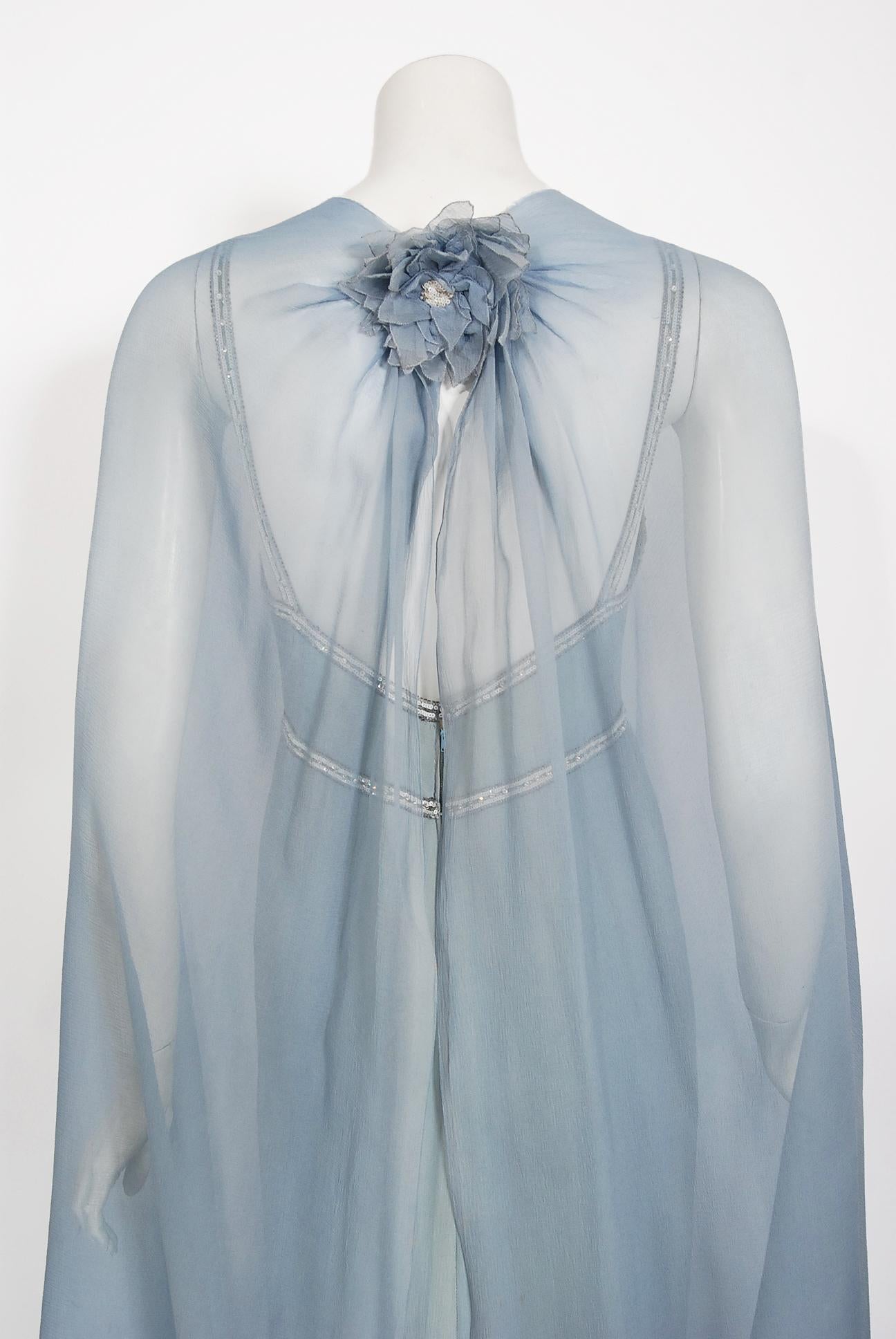 Vintage 1981 Chanel Haute Couture Light Blue Floral Beaded Chiffon Gown & Cape  11