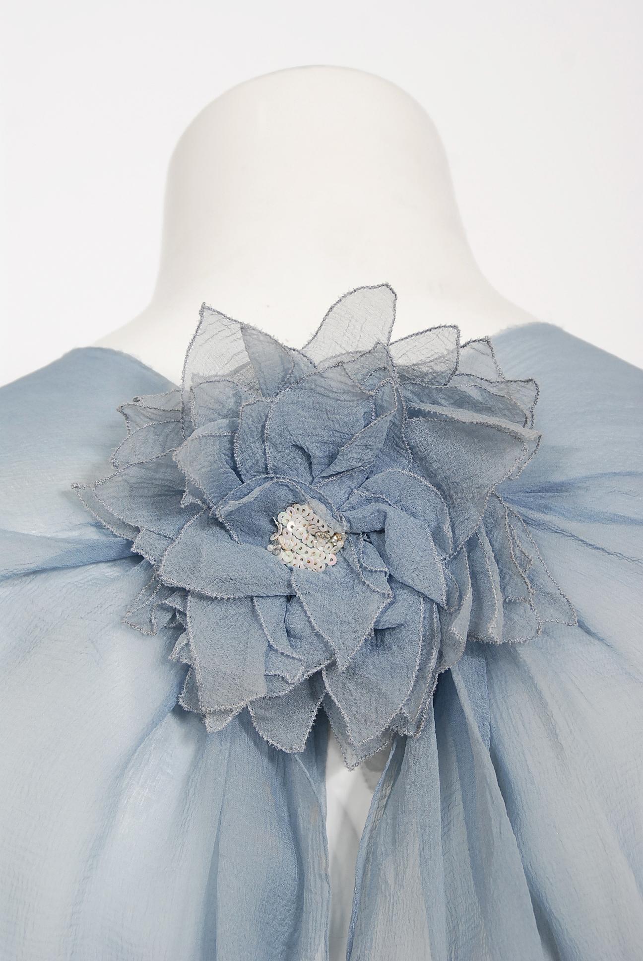 Vintage 1981 Chanel Haute Couture Light Blue Floral Beaded Chiffon Gown & Cape  12