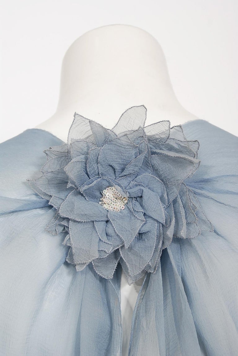 chanel light blue dress 1981 Chanel Haute Couture Light Blue Floral Beaded Chiffon Gown & Cape