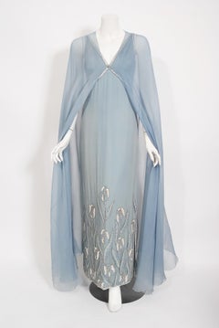 Vintage 1981 Chanel Haute Couture Light Blue Floral Beaded Chiffon Gown & Cape