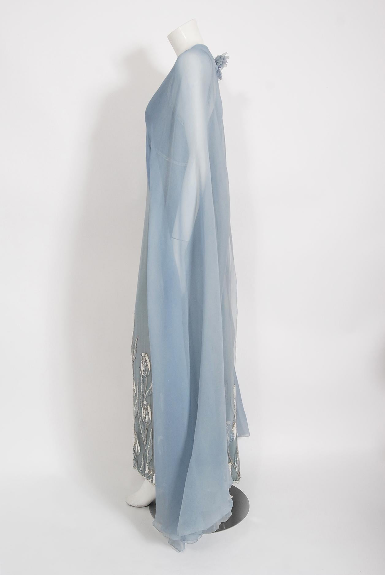 Gray Vintage 1981 Chanel Haute Couture Light Blue Floral Beaded Chiffon Gown & Cape 