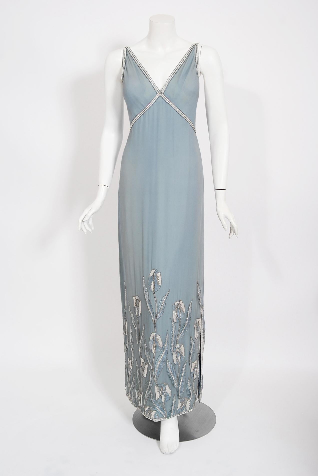 Vintage 1981 Chanel Haute Couture Light Blue Floral Beaded Chiffon Gown & Cape  In Good Condition In Beverly Hills, CA