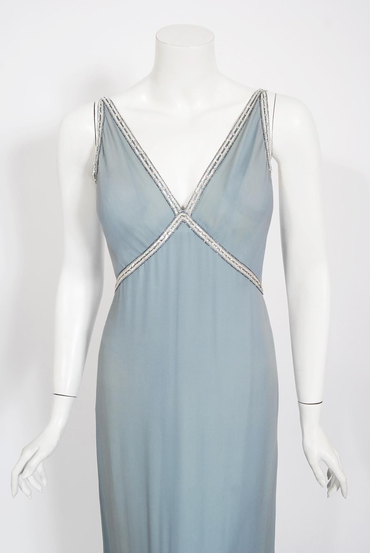 Vintage 1981 Chanel Haute Couture Light Blue Floral Beaded Chiffon Gown & Cape  3