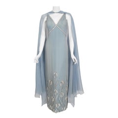 Vintage 1981 Chanel Haute Couture Light Blue Floral Beaded Chiffon Gown & Cape