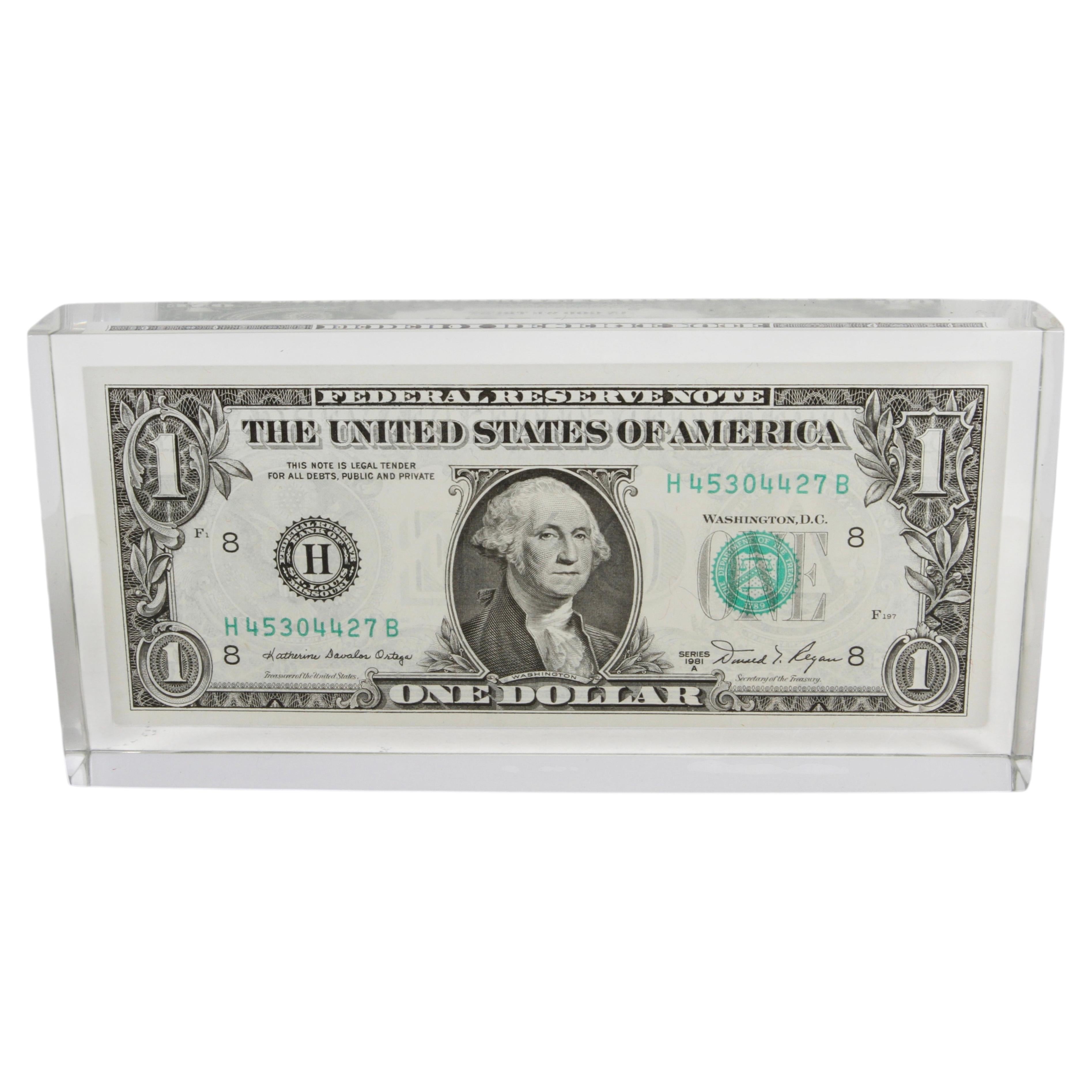 Vintage 1981 Pop Art Lucite Sculpture Paperweight with US One Dollar Bill $1