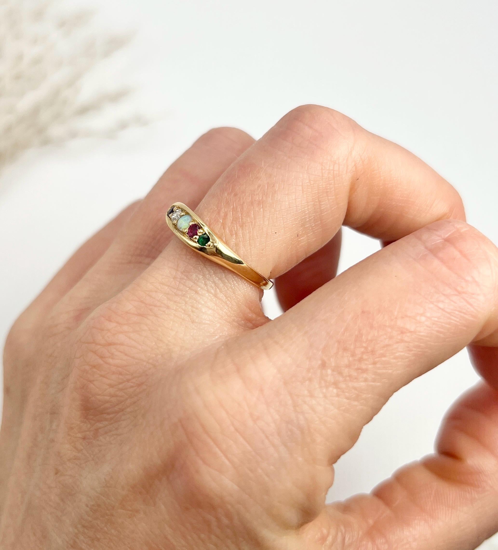 Vintage 1982 18ct Yellow Gold ADORE Amethyst, Diamond, Opal, Ruby & Emerald Ring For Sale 5