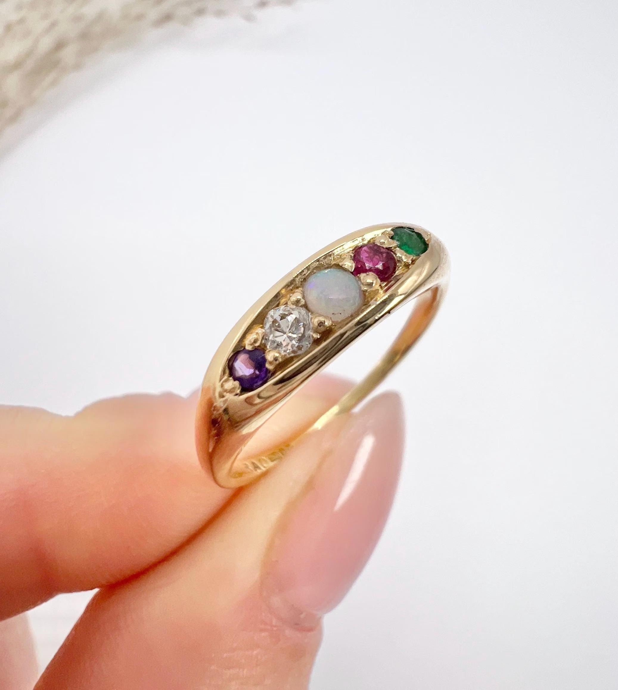 Vintage 1982 18ct Yellow Gold ADORE Amethyst, Diamond, Opal, Ruby & Emerald Ring For Sale 6