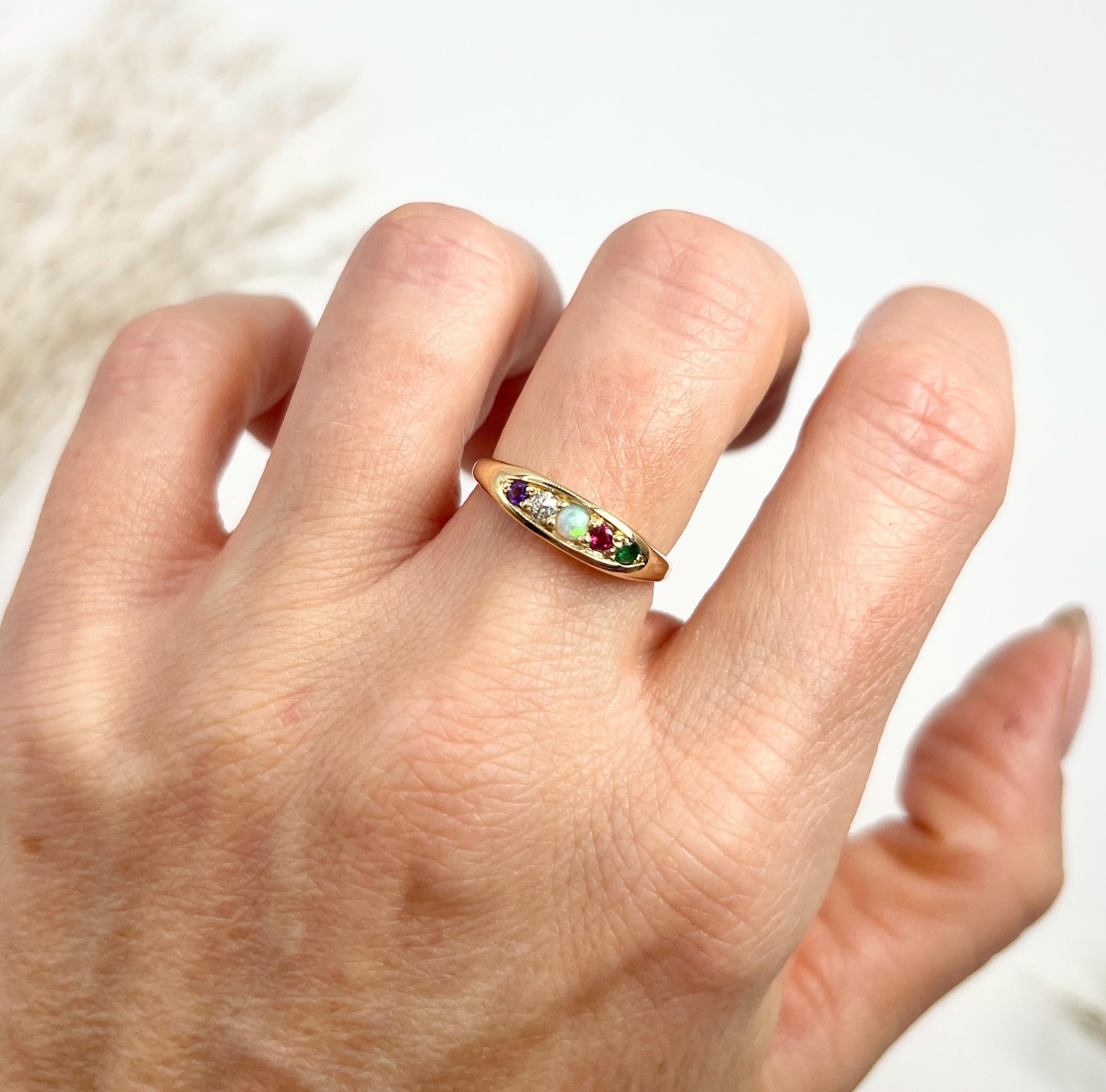 Round Cut Vintage 1982 18ct Yellow Gold ADORE Amethyst, Diamond, Opal, Ruby & Emerald Ring For Sale