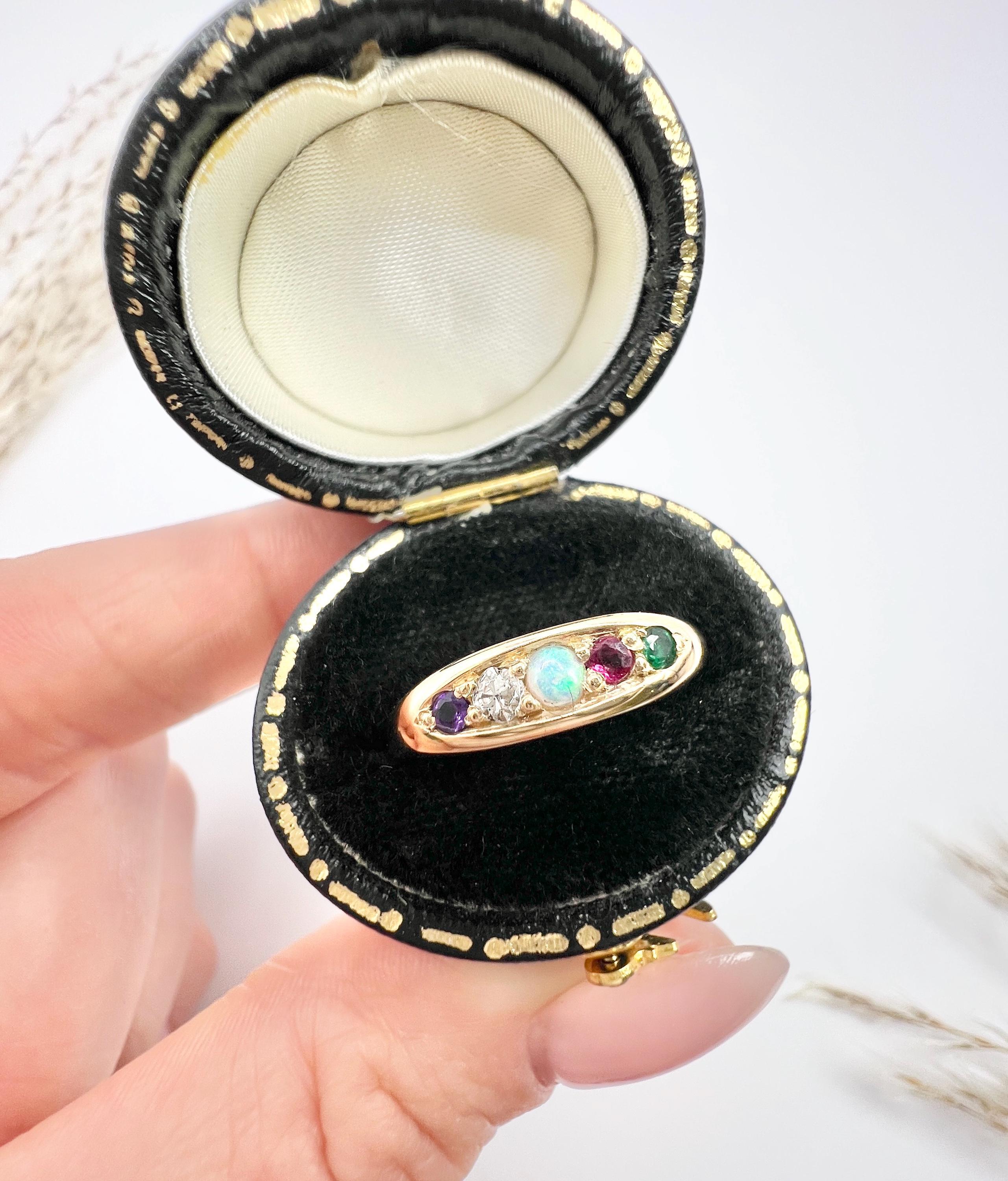 Vintage 1982 18ct Yellow Gold ADORE Amethyst, Diamond, Opal, Ruby & Emerald Ring In Good Condition For Sale In Brighton, GB