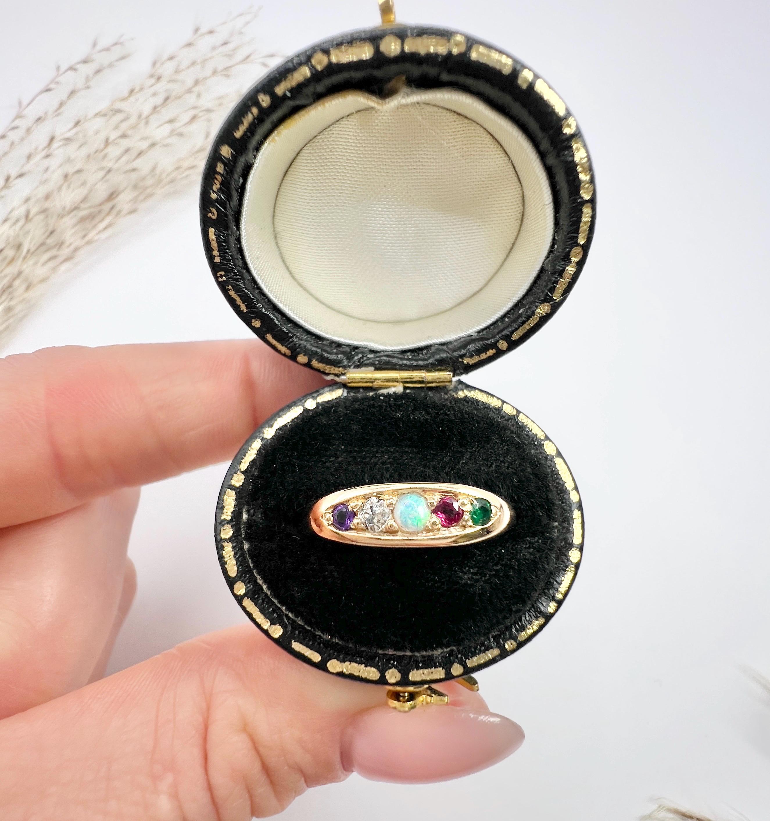 Women's or Men's Vintage 1982 18ct Yellow Gold ADORE Amethyst, Diamond, Opal, Ruby & Emerald Ring For Sale
