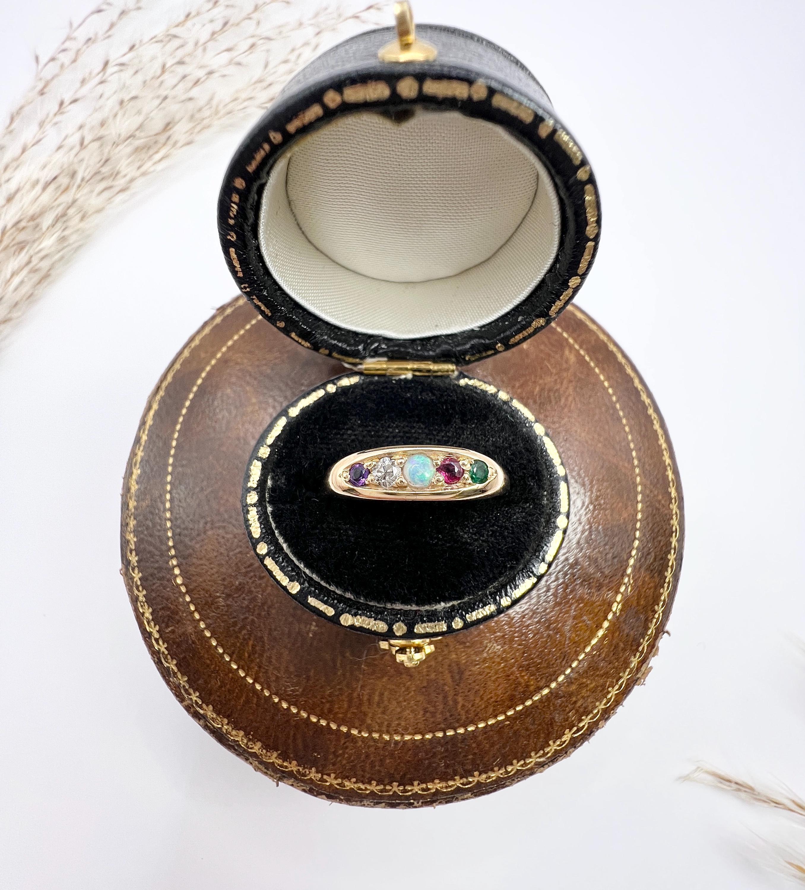 Vintage 1982 18ct Yellow Gold ADORE Amethyst, Diamond, Opal, Ruby & Emerald Ring For Sale 1