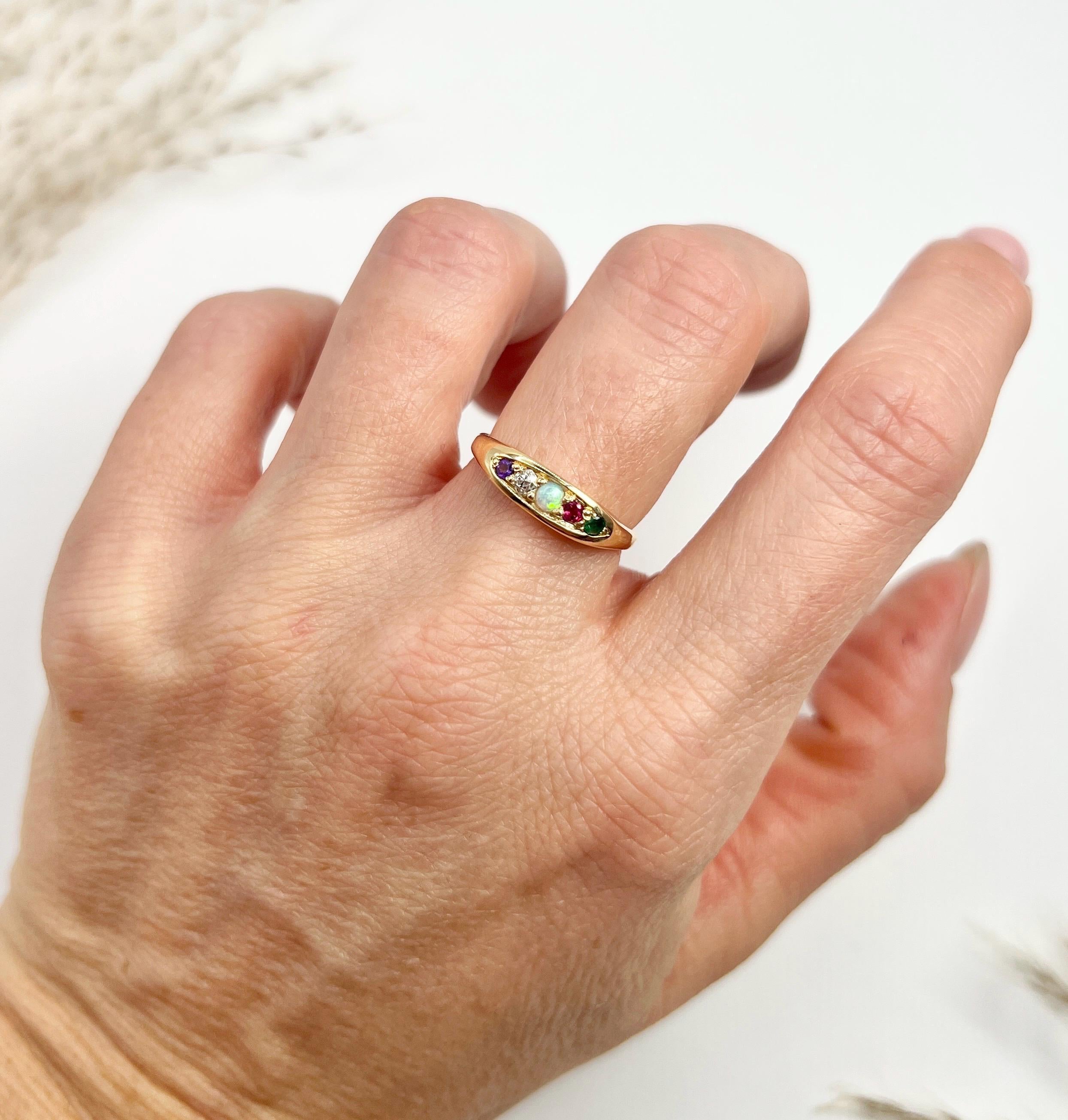 Vintage 1982 18ct Yellow Gold ADORE Amethyst, Diamond, Opal, Ruby & Emerald Ring For Sale 2