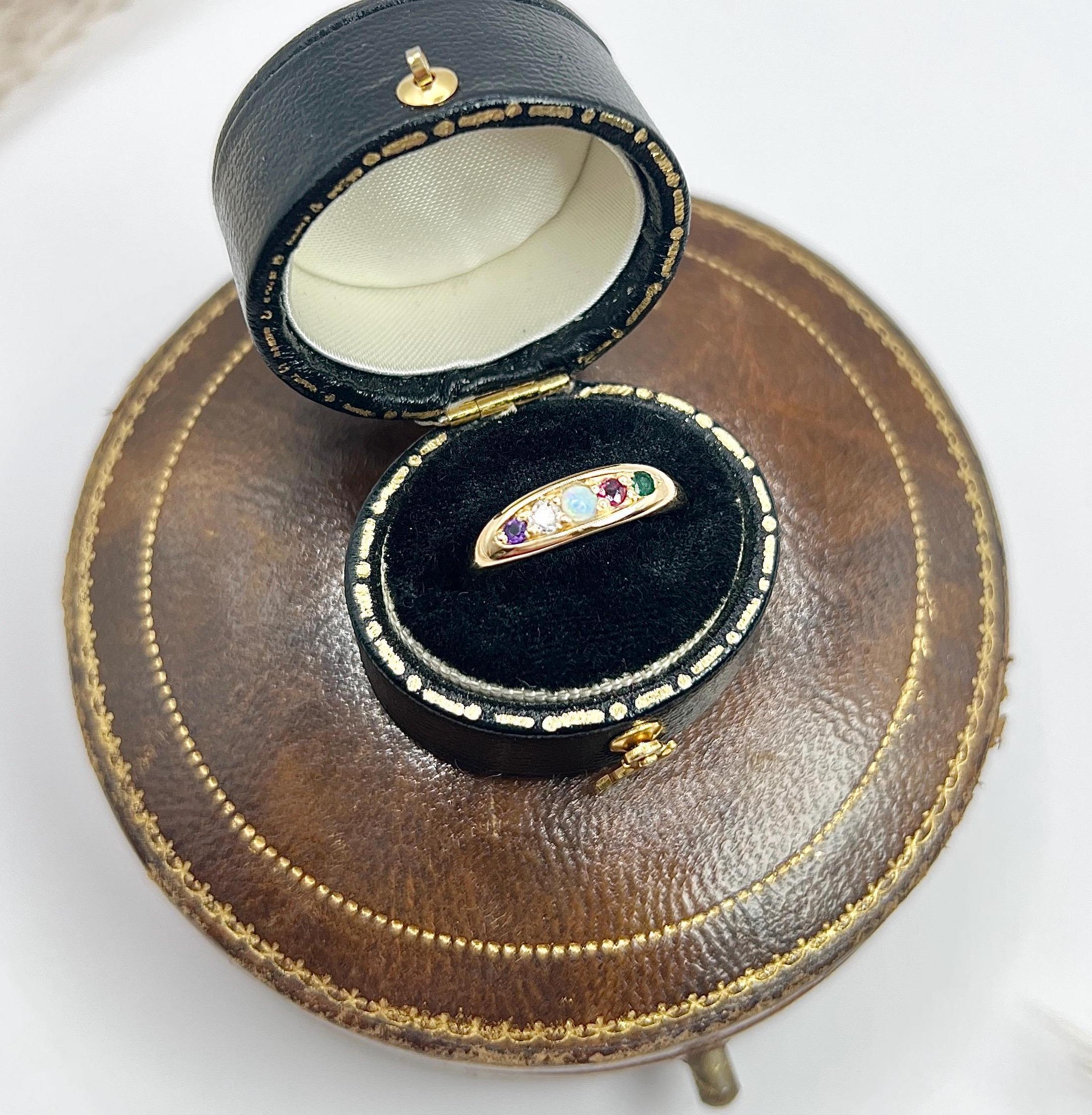 Vintage 1982 18ct Yellow Gold ADORE Amethyst, Diamond, Opal, Ruby & Emerald Ring For Sale 4