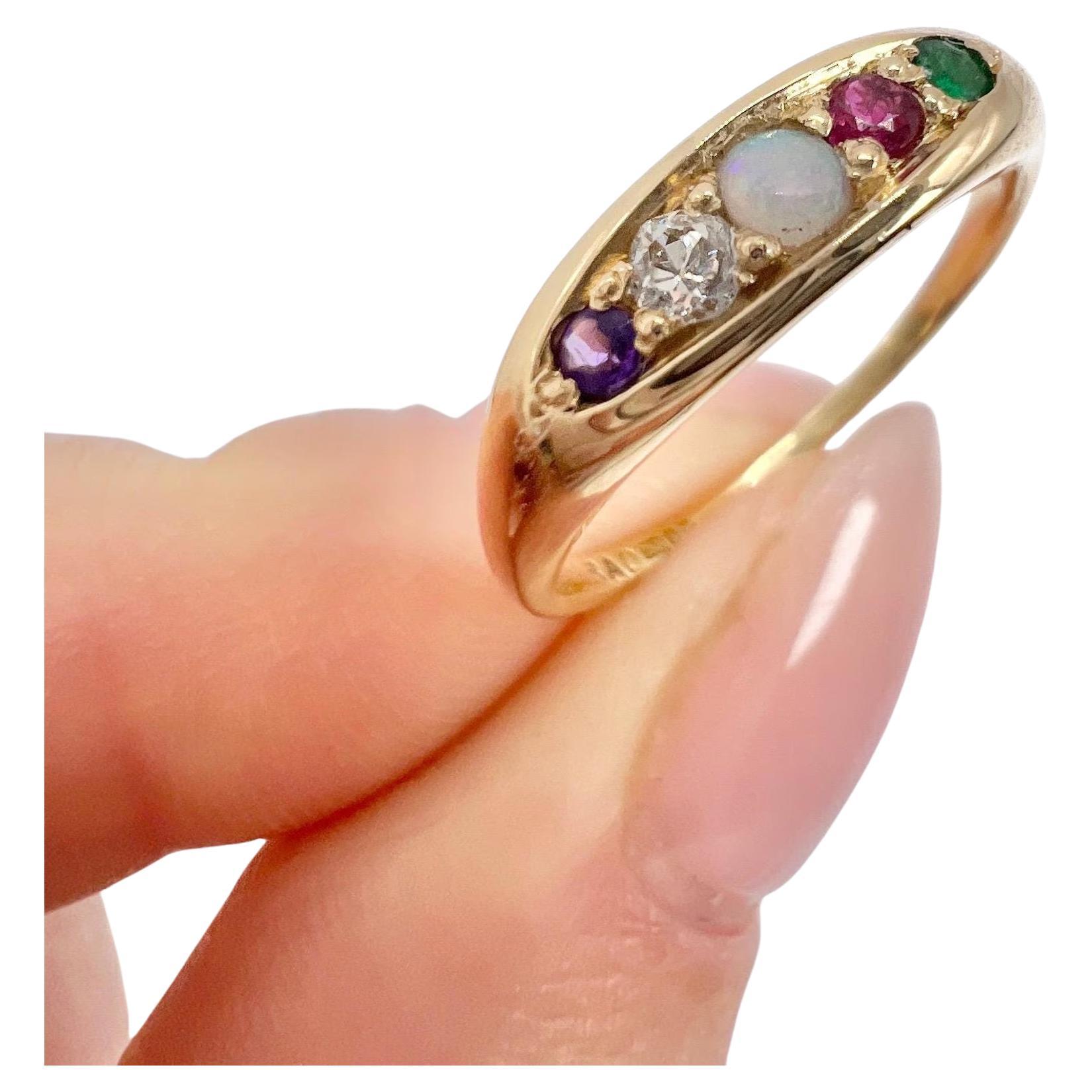 Vintage 1982 18ct Yellow Gold ADORE Amethyst, Diamond, Opal, Ruby & Emerald Ring