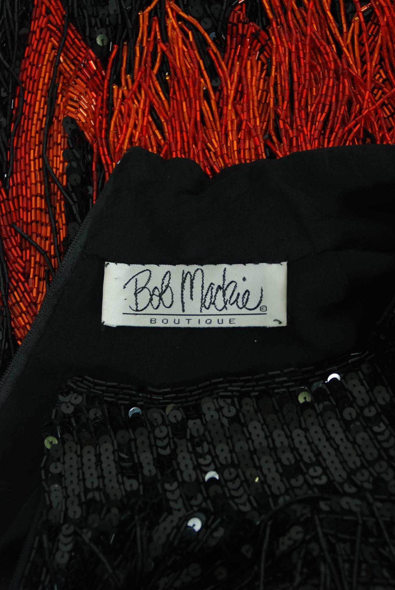Vintage 1982 Bob Mackie Couture Lightning Bolt Black & Red Beaded Fringe Dress 3