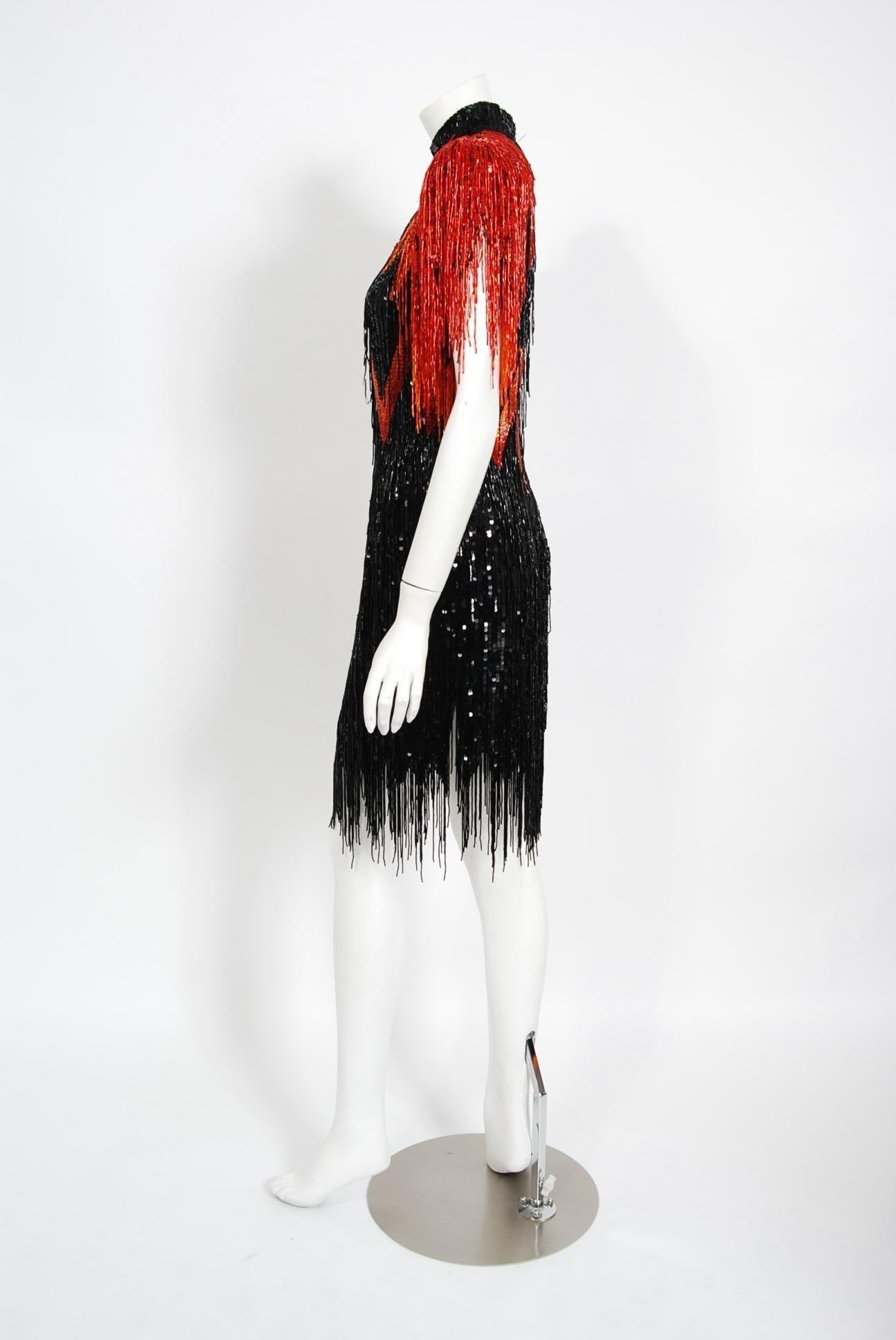 Women's Vintage 1982 Bob Mackie Couture Lightning Bolt Black & Red Beaded Fringe Dress