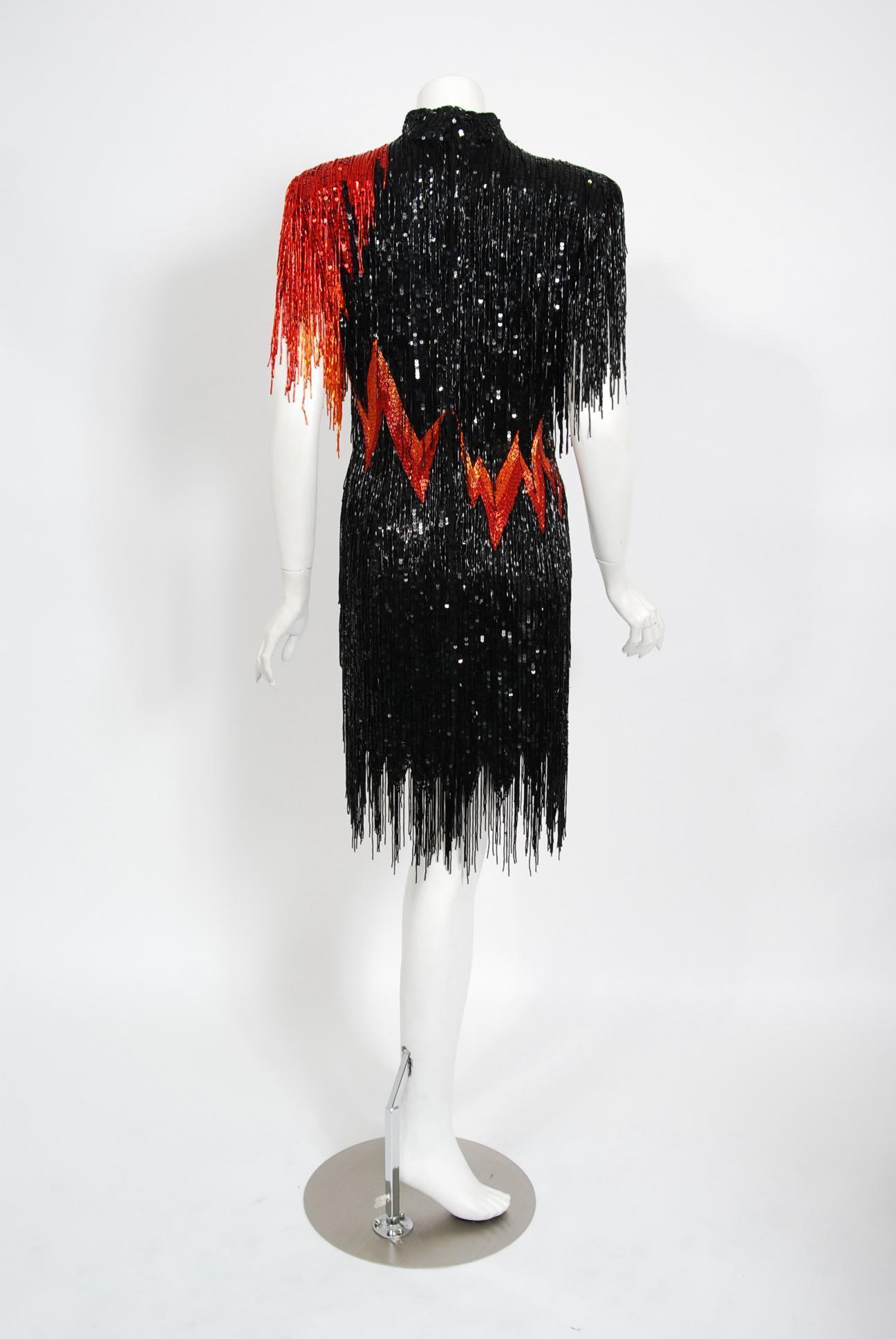 Vintage 1982 Bob Mackie Couture Lightning Bolt Black & Red Beaded Fringe Dress 1