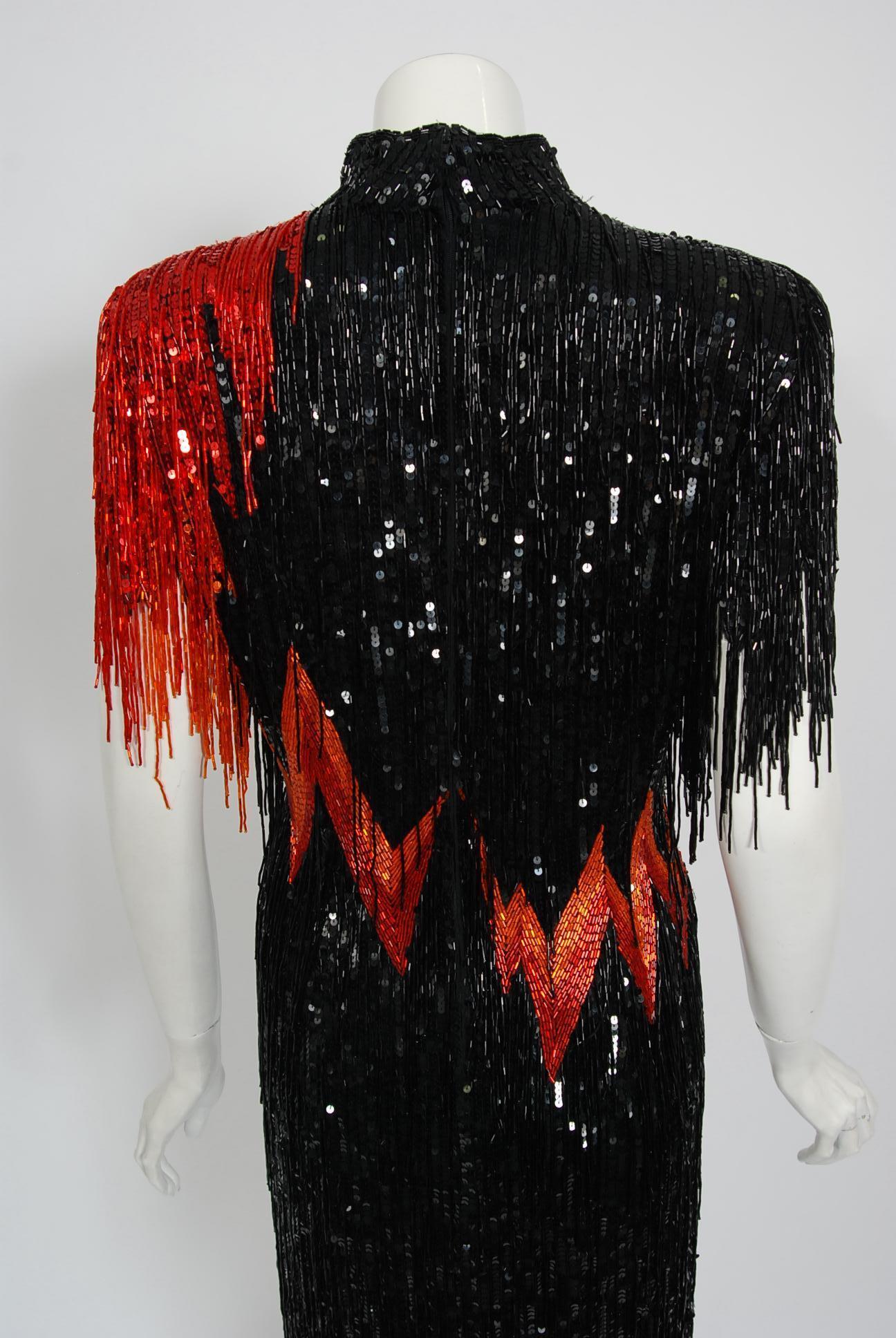 Vintage 1982 Bob Mackie Couture Lightning Bolt Black & Red Beaded Fringe Dress 2