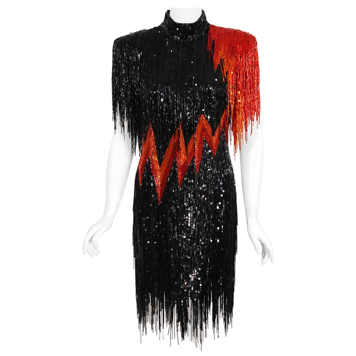 Vintage 1982 Bob Mackie Couture Lightning Bolt Black & Red Beaded Fringe Dress