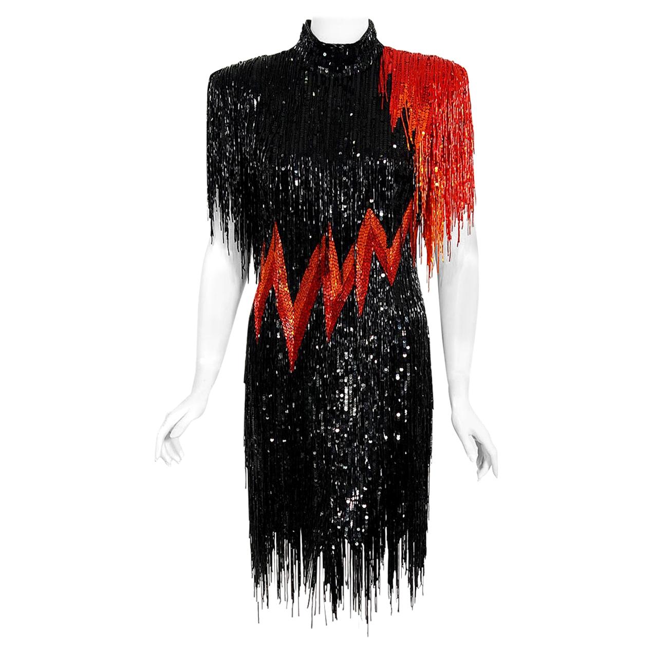 Vintage 1982 Bob Mackie Couture Lightning Bolt Black & Red Beaded Fringe Dress 