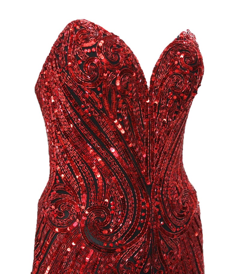 open lace back dress 1984 Bob Mackie Documented Fully Beaded Red Silk High Low Micro-Mini D