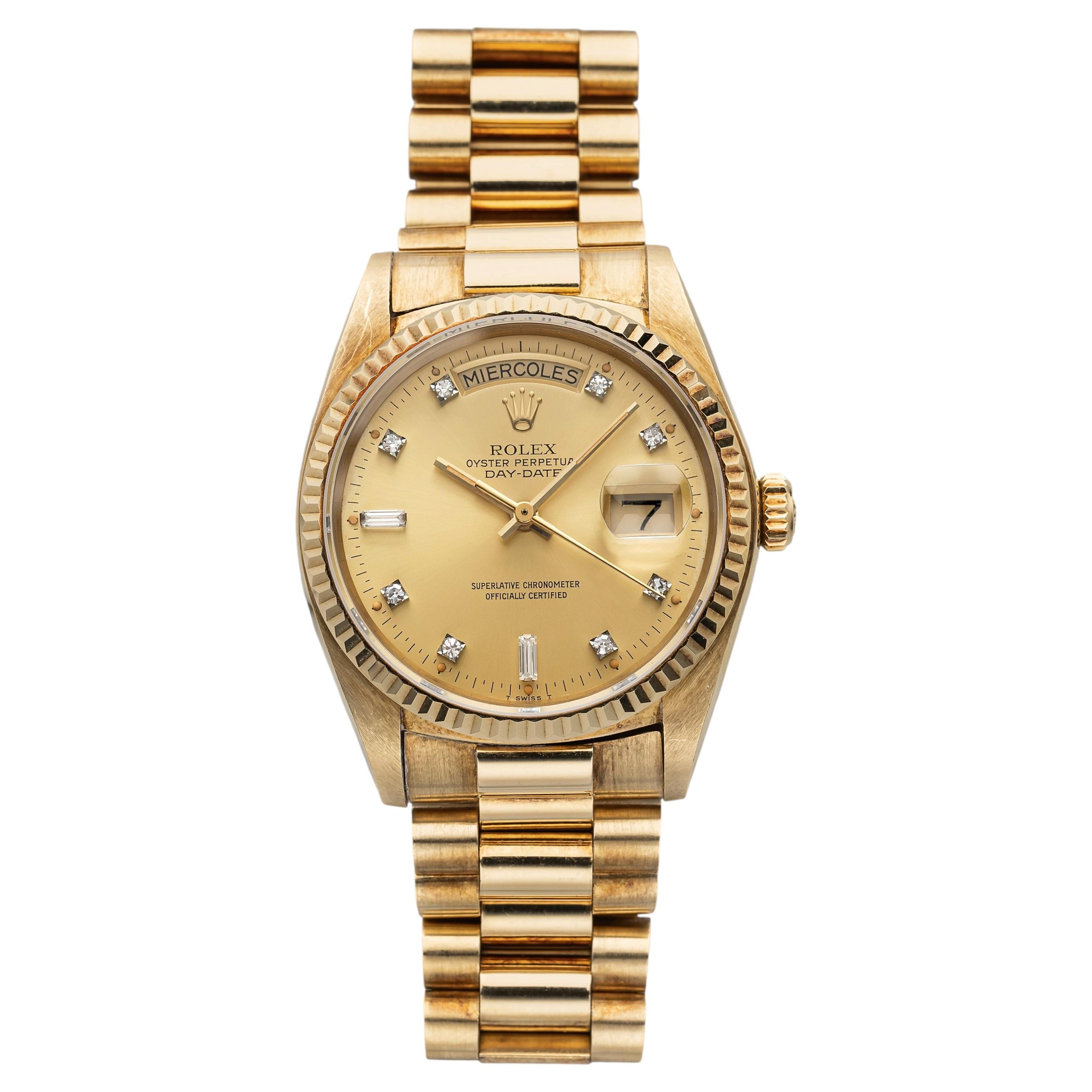 Vintage Rolex Day-Date 36 aus dem Jahr 1982, Modell 18038, Gelbgold, champagnerfarbenes Zifferblatt mit Diamanten, Automatikwerk, 36 mm