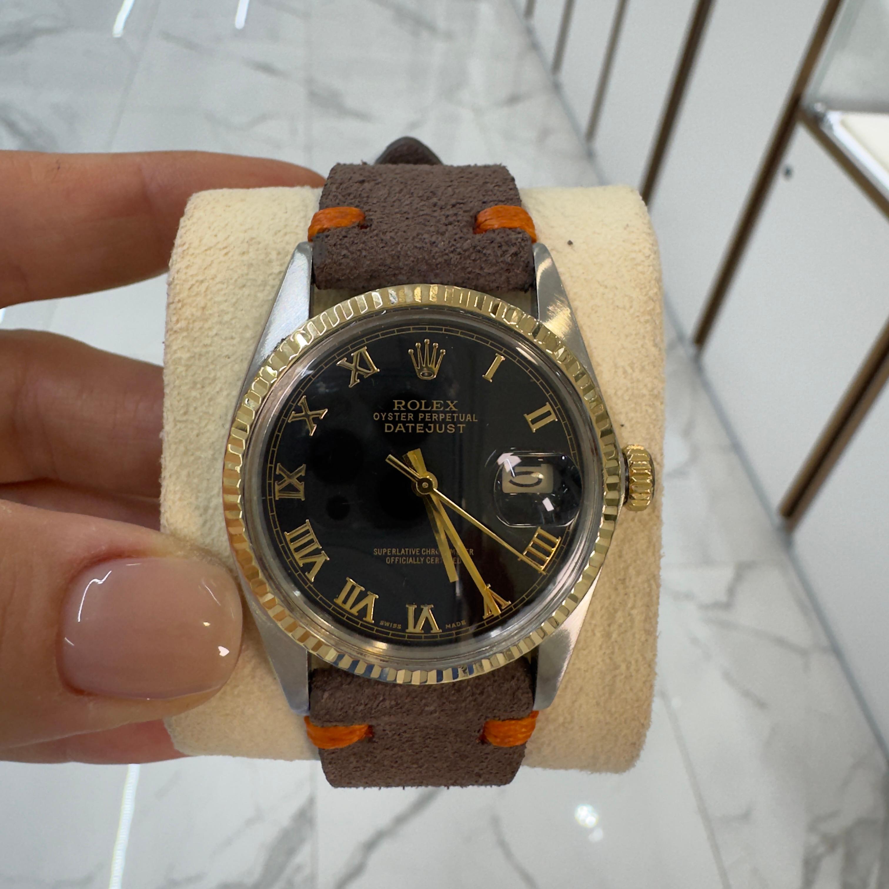 Vintage 1983 Rolex Datejust 36MM 16013 Black Roman Yellow Gold Steel Watch 3