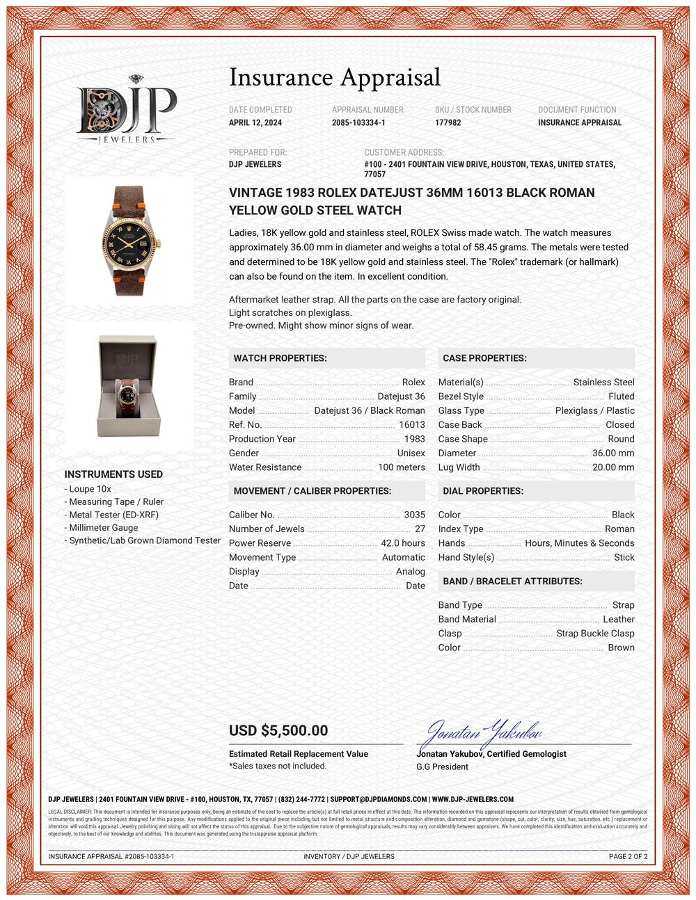 Vintage 1983 Rolex Datejust 36MM 16013 Black Roman Yellow Gold Steel Watch 4