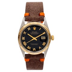Vintage 1983 Rolex Datejust 36MM 16013 Black Roman Yellow Gold Steel Watch