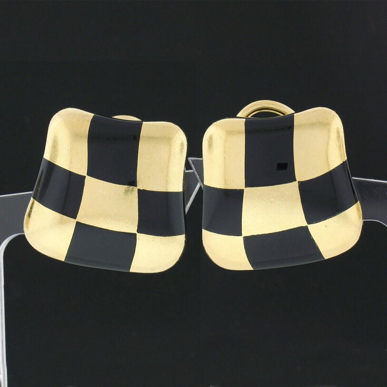 Vintage 1984 Angela Cummings 18k Gold Inlaid Black Onyx Checkerboard Earrings For Sale 1