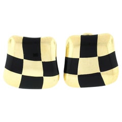 Vintage 1984 Angela Cummings 18k Gold Inlaid Black Onyx Checkerboard Earrings