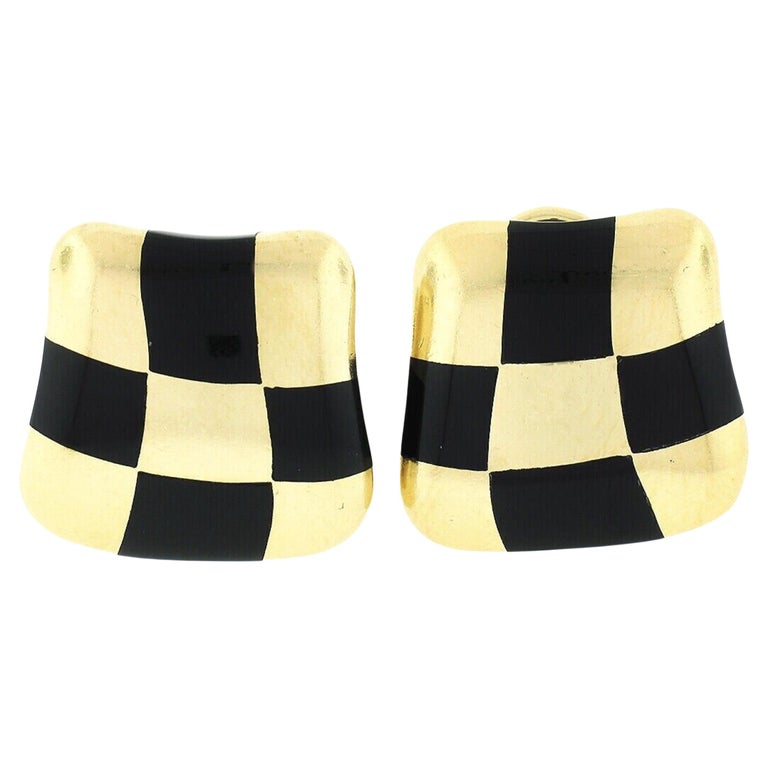 Vintage 1984 Angela Cummings 18k Gold Inlaid Black Onyx Checkerboard Earrings For Sale