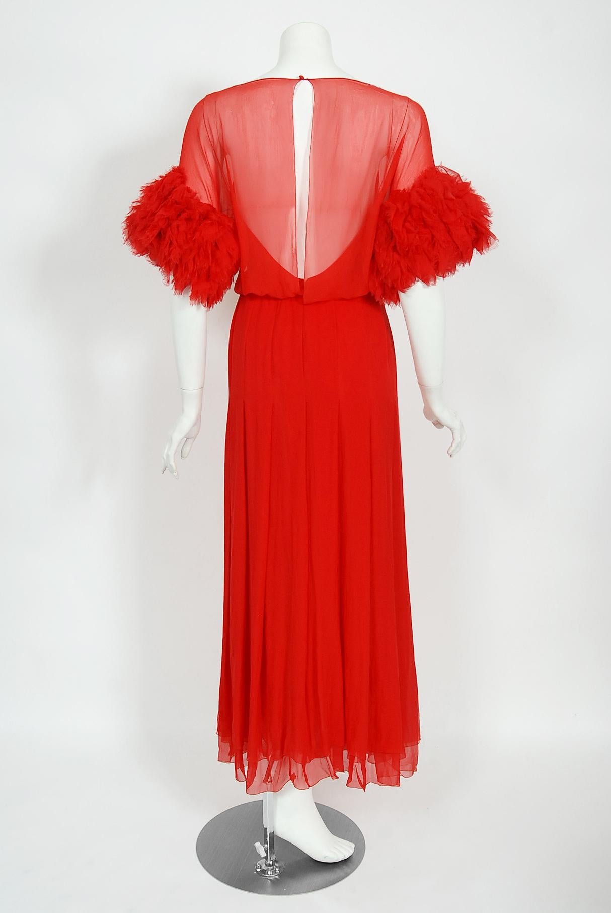 Vintage 1984 Chanel by Karl Lagerfeld Runway Red Silk Chiffon Ruffle-Sleeve Gown 6