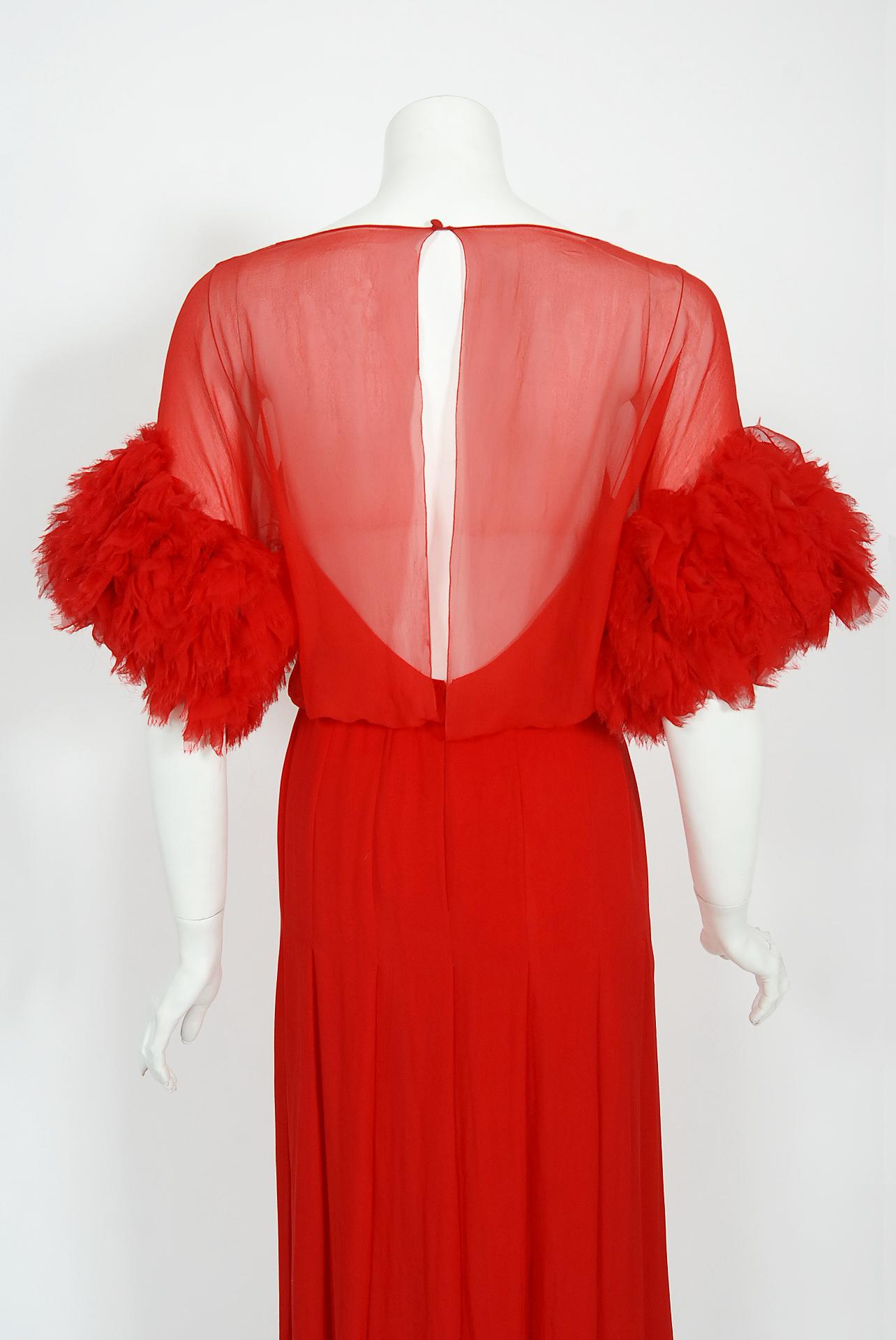 Vintage 1984 Chanel by Karl Lagerfeld Runway Red Silk Chiffon Ruffle-Sleeve Gown 7
