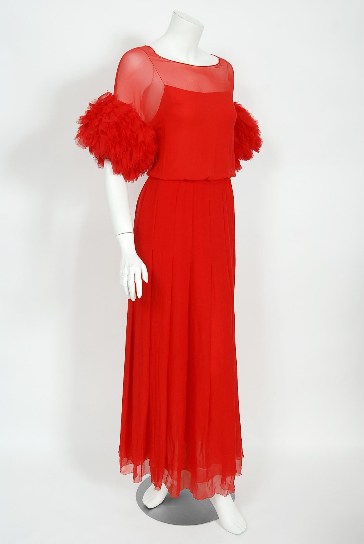 Vintage 1984 Chanel by Karl Lagerfeld Runway Red Silk Chiffon Ruffle-Sleeve Gown In Good Condition In Beverly Hills, CA