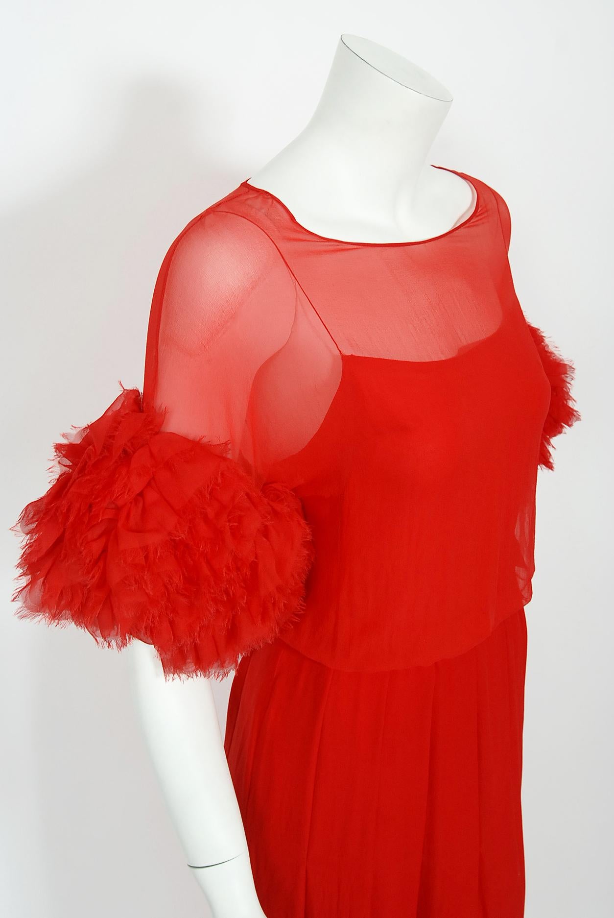 Women's Vintage 1984 Chanel by Karl Lagerfeld Runway Red Silk Chiffon Ruffle-Sleeve Gown