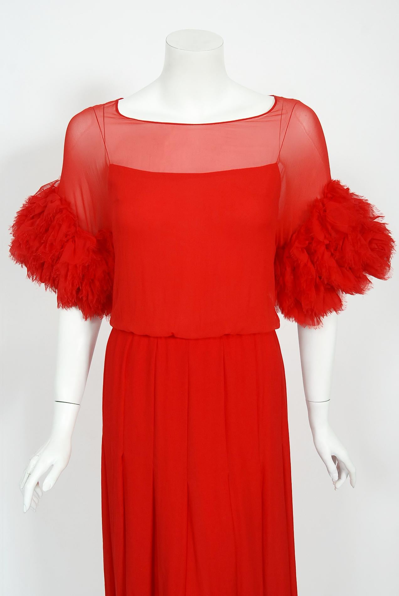 Vintage 1984 Chanel by Karl Lagerfeld Runway Red Silk Chiffon Ruffle-Sleeve Gown 1