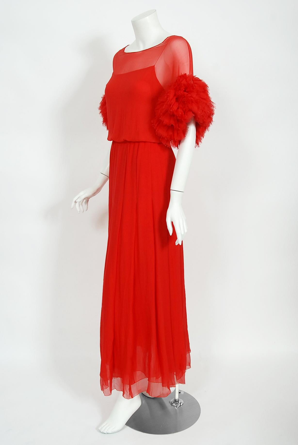 Vintage 1984 Chanel by Karl Lagerfeld Runway Red Silk Chiffon Ruffle-Sleeve Gown 4