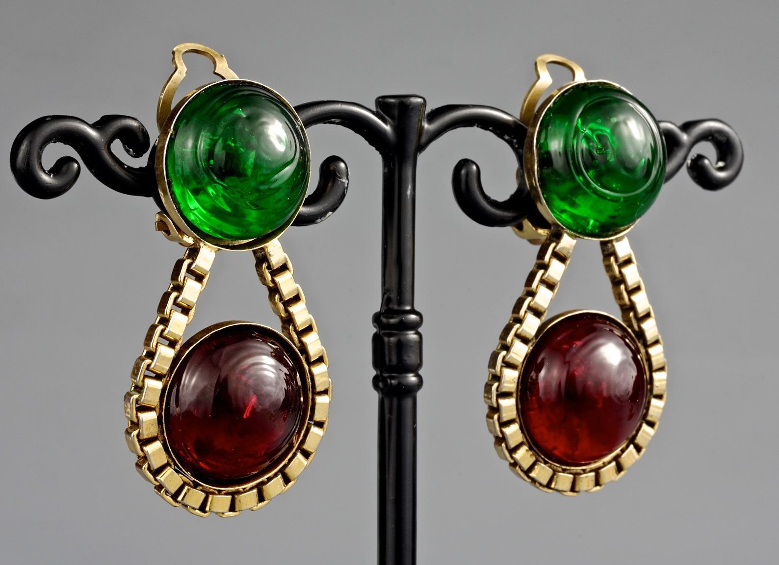 Women's Vintage 1984 CHANEL Green Red Gripoix Poured Glass Drop Earrings
