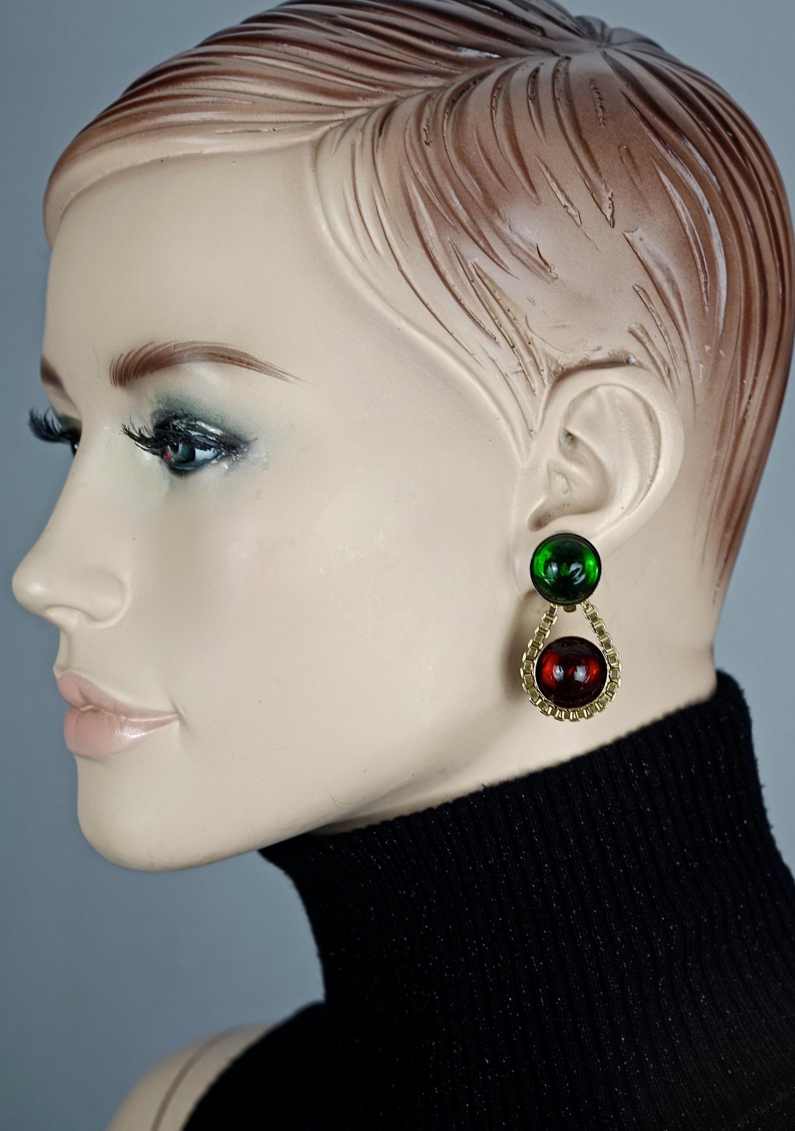 Vintage 1984 CHANEL Green Red Gripoix Poured Glass Drop Earrings 1