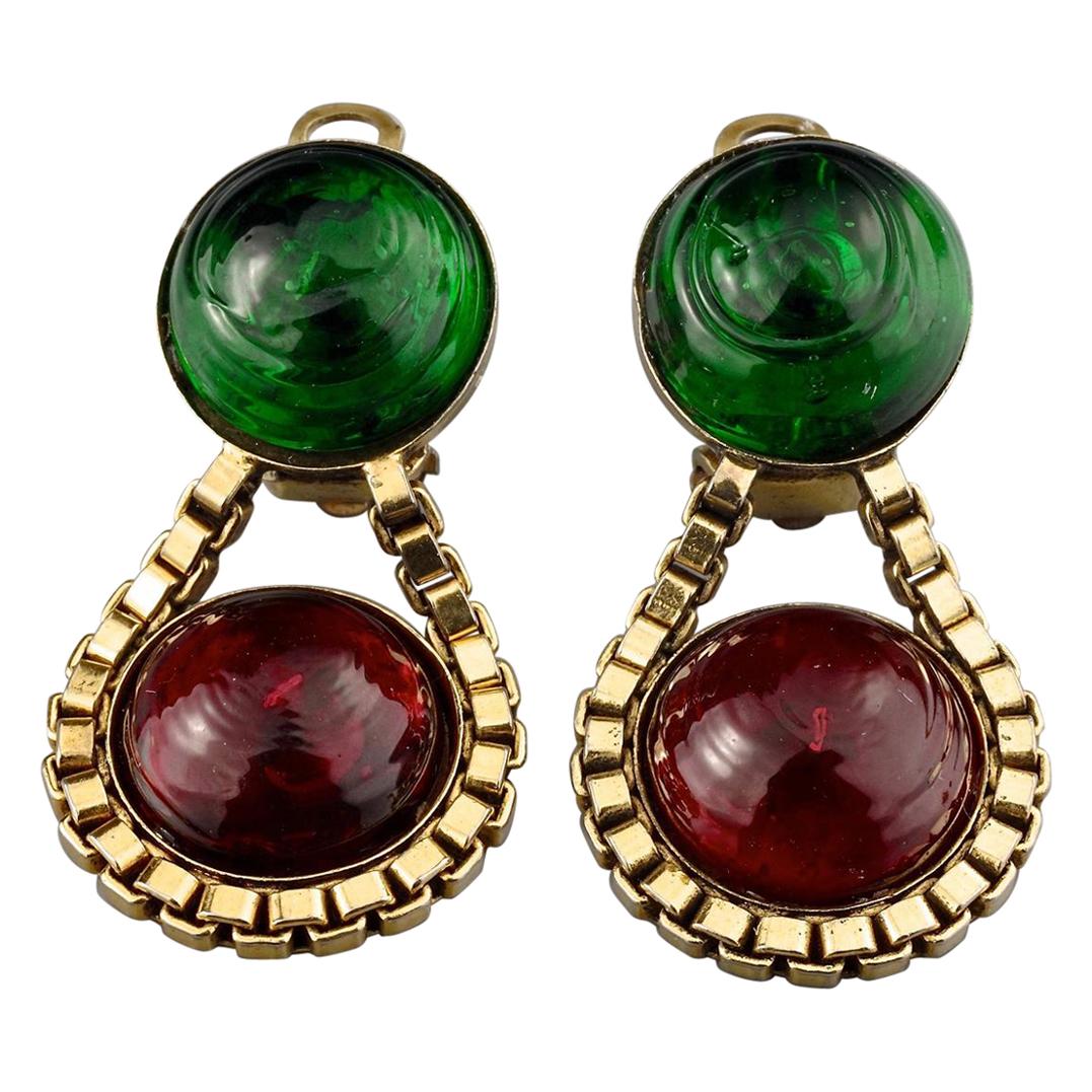 Vintage 1984 CHANEL Green Red Gripoix Poured Glass Drop Earrings
