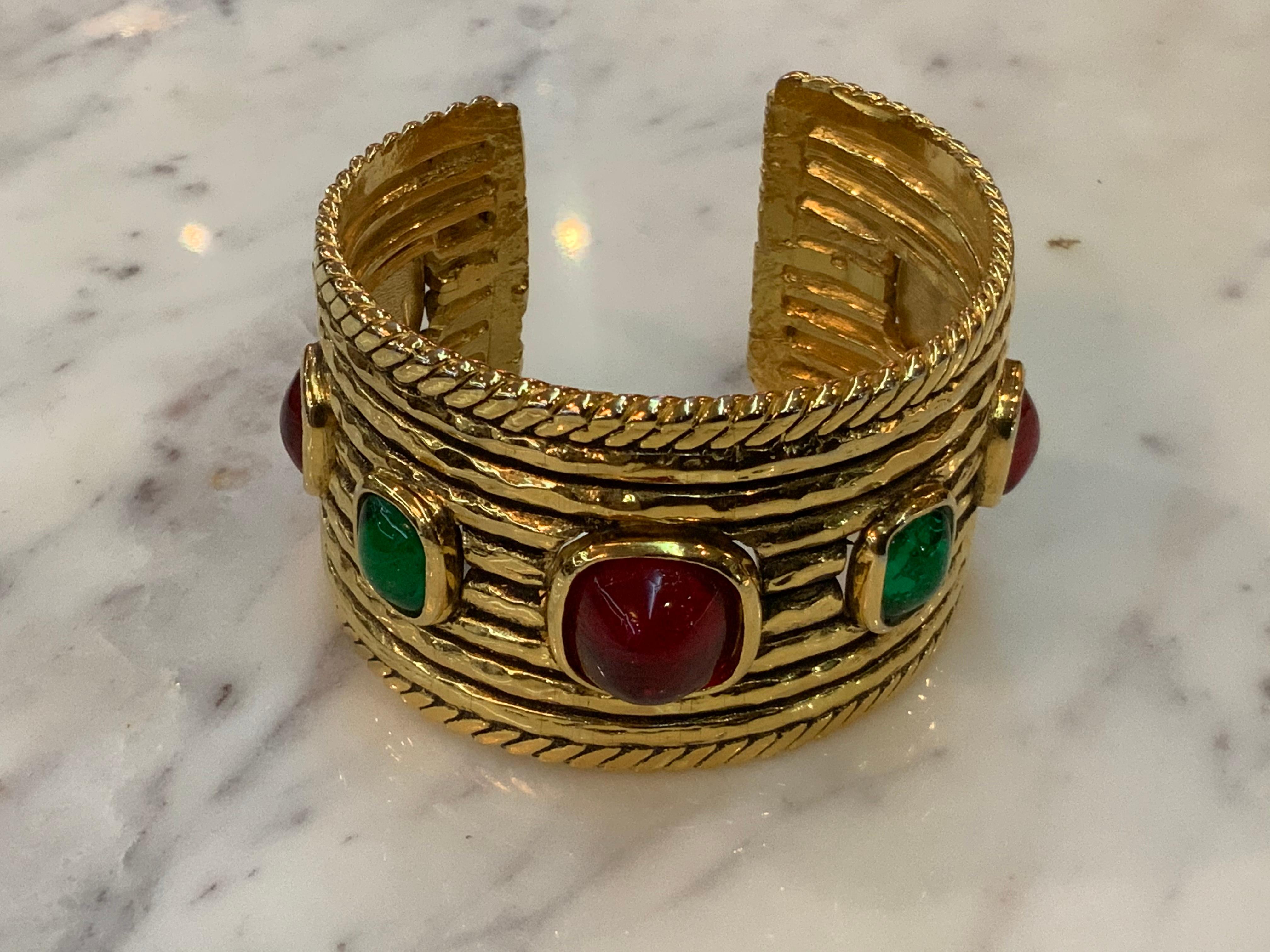 Vintage 1984 Chanel Wide Gold Cuff with Red and Green Gripoix Stones In Excellent Condition For Sale In Carmel, CA