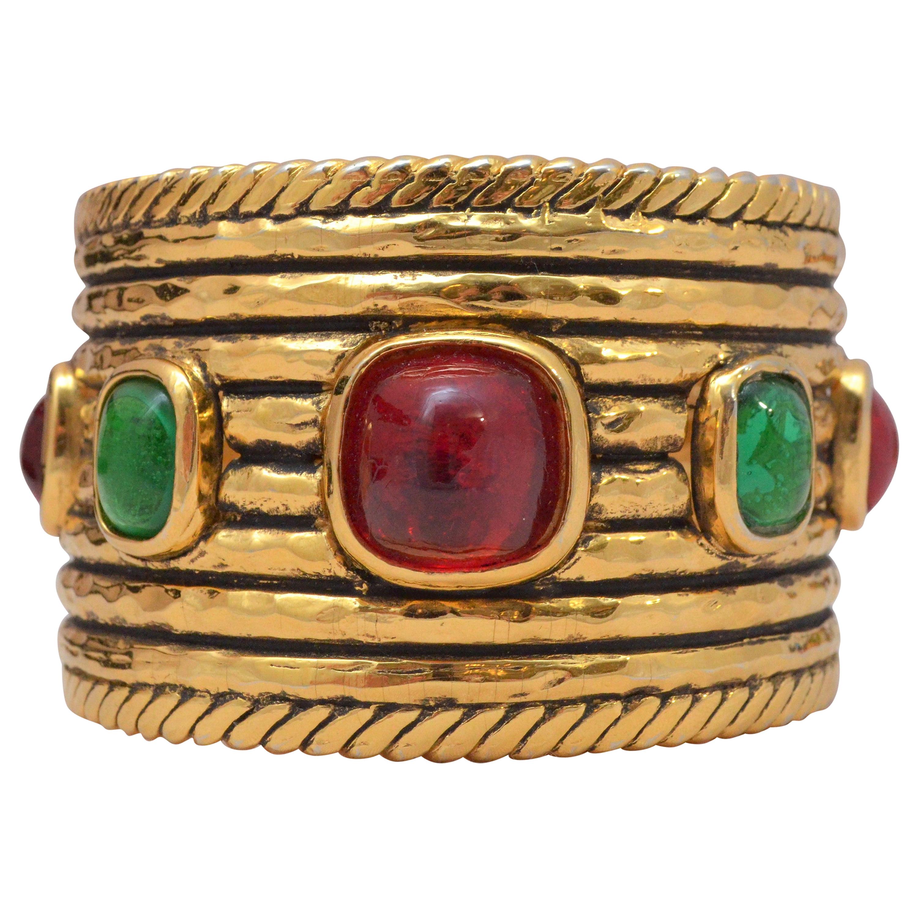Vintage 1984 Chanel Wide Gold Cuff with Red and Green Gripoix Stones For Sale