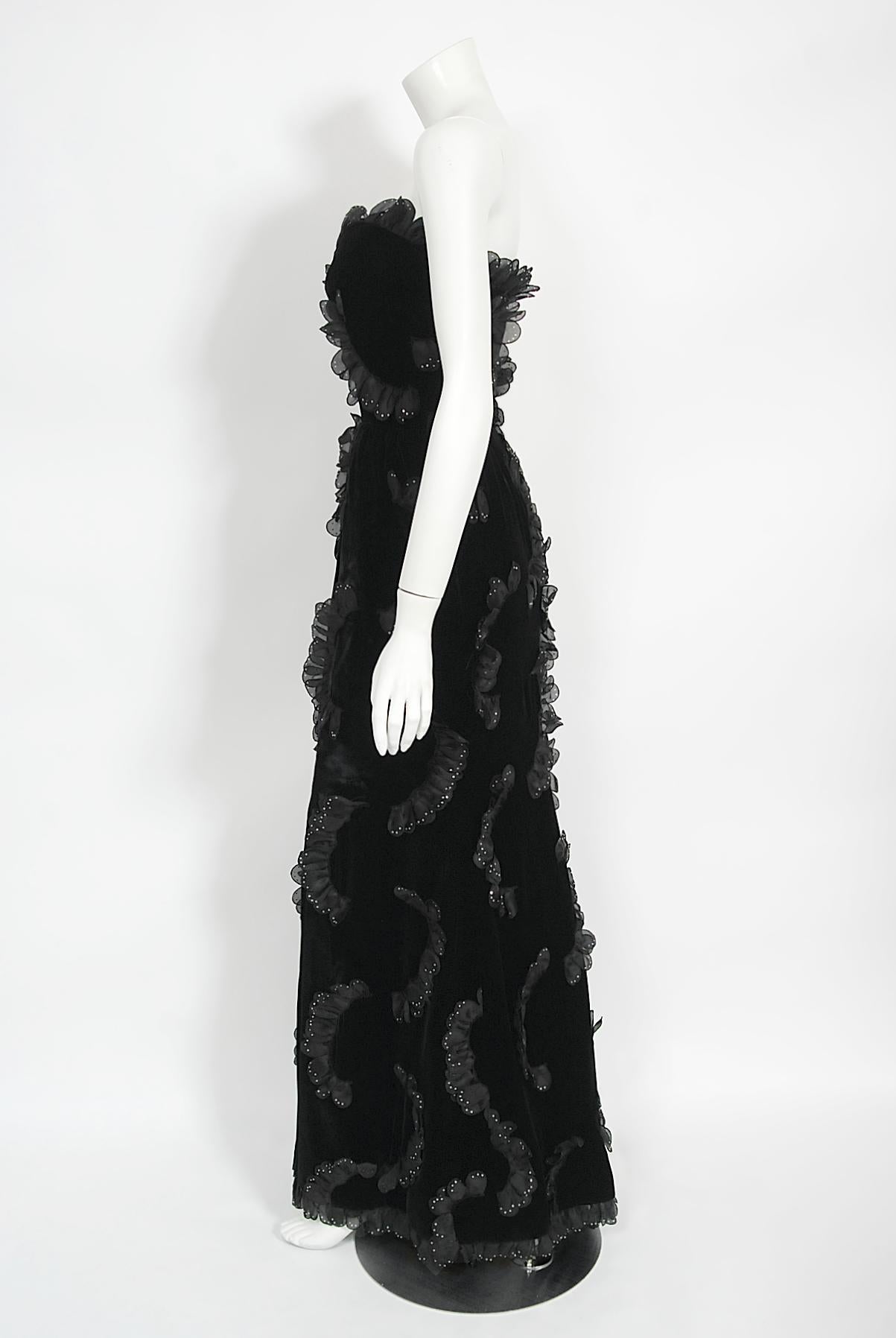 1984 Givenchy Haute Couture Documented Silk Petal Appliqué Velvet Hourglass Gown For Sale 7