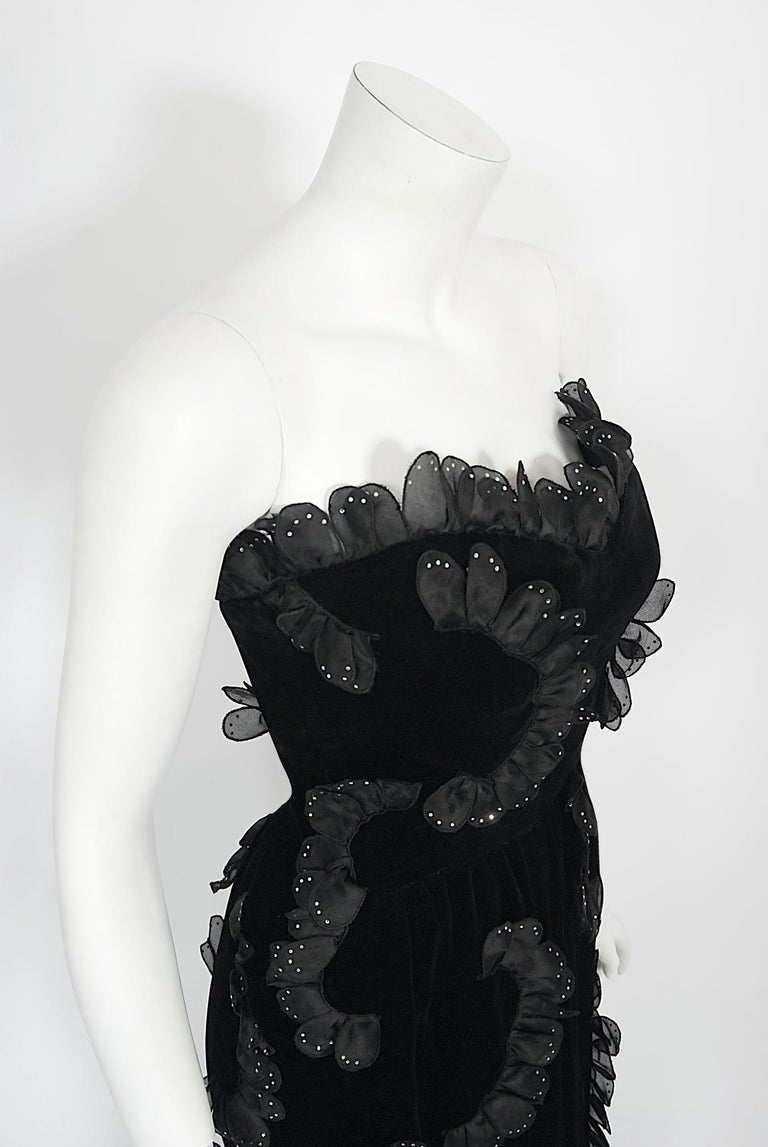 Spectacular 1980s Hubert de Givenchy Haute Couture Velvet Floral Cut Out Dress w Gold Metal Flowers