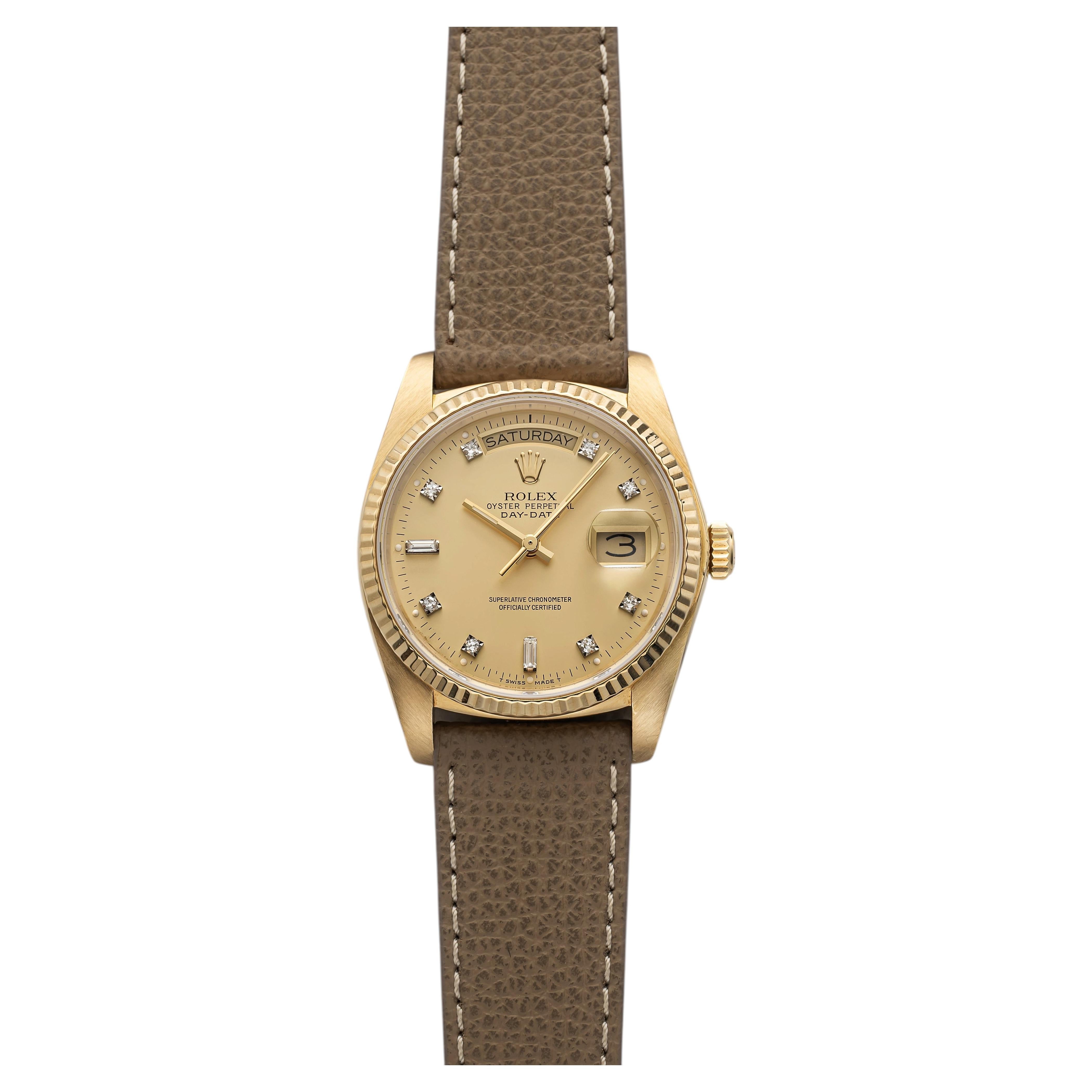 Rolex Day-Date 18038 aus dem Jahr 1984, 18 Karat Gelbgold, champagnerfarbenes Zifferblatt mit Diamanten, Automatikwerk, 36 mm