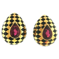 Vintage 1984 T&Co/Angela Cummings Rubellite and Onyx Checkerboard Earrings